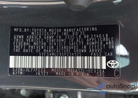 2025 Toyota Corolla Se from USA, damaged, VIN 5YFS4MCE9SP234125